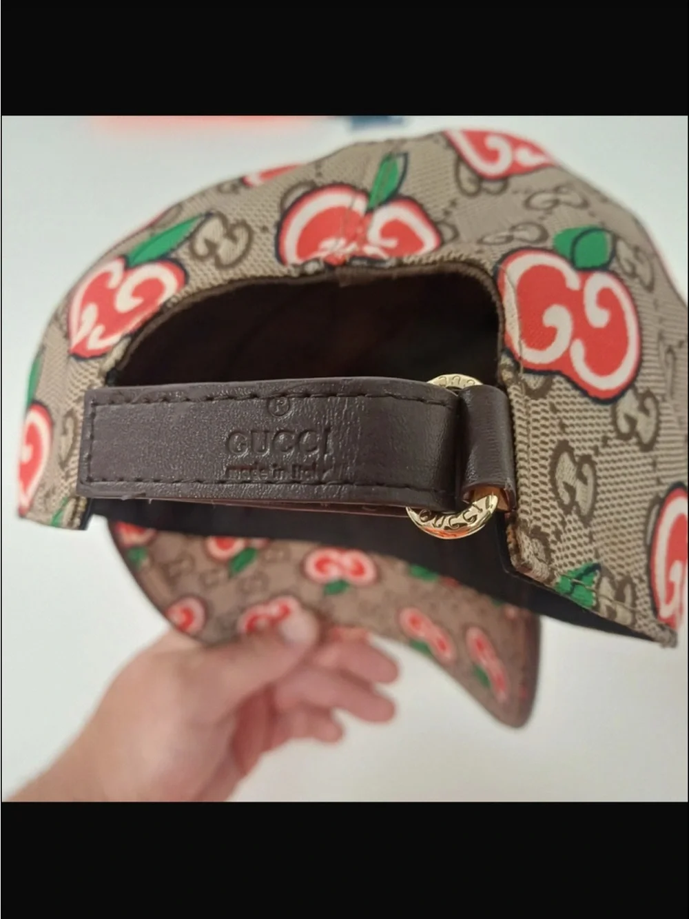 Gucci Beige Canvas Baseball Cap with Red Cherry Print